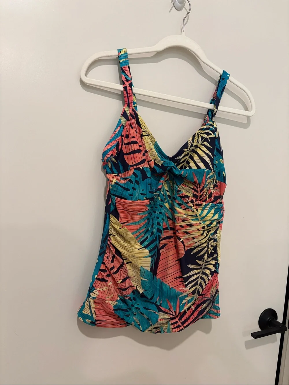 L.L. Bean UPF 50 Tankini Top Print Tropical Palm Leaf Adjustable Straps Cups 10